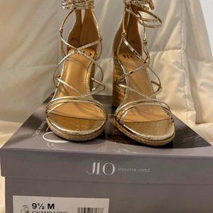JLO Jennifer Lopez Callie Espadrille Wedge Sandal, Gold, Size 9.5 (Never Worn)